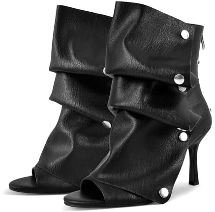 sexytag Women's Peep Toe Booties Slouchy Stiletto Kitten Heel Shark Boots Open Toe Back Zipper Ruched Detachable Snap Button Fashion Ankle Short Bootie Black Size 9.5