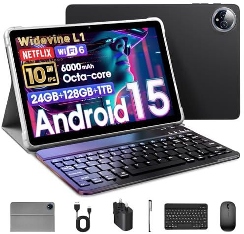 Raemond 10 Inch Tablet Android 15 with Keyboard, 24GB RAM + 128GB ROM (1TB Expand), T615 Octa-Core, 1280x800 IPS HD Display, 5MP+8MP Dual Camera, 6000mAh, Mouse, Widevine L1, GPS