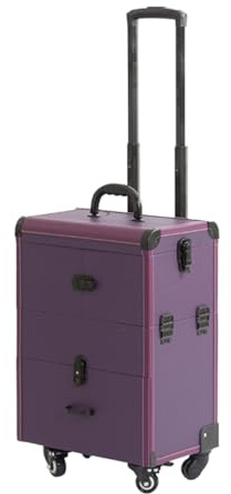 Rollkoffer für Make-up, Aluminium-Make-up-Koffer, großer Stauraum, professioneller Kosmetiktrolley, Make-up-Reisekoffer, Rollkoffer für Make-up mit Schubladen, Schwarz (Farbe: Lila