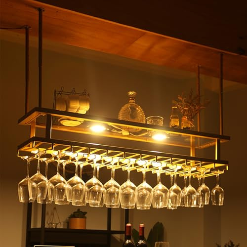 Industriellt hängande vinställ med LED-belysning, flytande displayhylla för spritflaskor och glasögon, perfekt för barer och kaféer