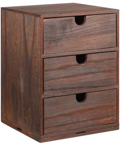 STOBAZA Holzschubladenbox Mit 3 Schubladen Mehrschicht Sortierbox Für Schreibtisch Badezimmer Schlafzimmer Wohnzimmer Küche Büro Mit Griffloch Und Vintage-Holzmaserung