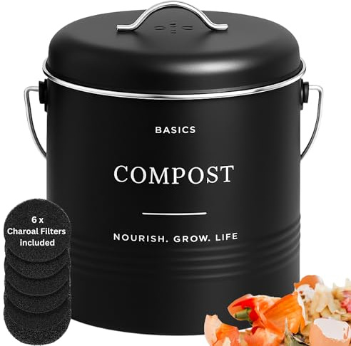 D'Lifeful Kitchen Compost Bin – 1.3 Gallon Countertop Farmhouse Compost Container with Lid – Odorless Indoor Food Scrap Pail with 6 Charcoal Filters – Eco-Conscious and Easy to Clean (Black)