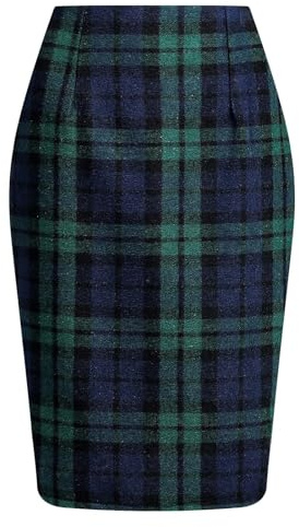 duxyoz Tartan Skirts for Women UK High Waisted Knee Length Cotton Linen Summer Casual Plaid Skirts Slim Fit Wrap Bodycon Pencil Skirt for Ladies Work Office Party Going Out 04 Green XL