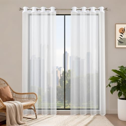 Runyéla Voile Gardinen mit Ösen 2er Set, H 230 x B 120 Stores Gardinen Weiß Transparent, Vorhänge Durchsichtig Weiss, Ösenvorhang Schlaufenschal für Schlafzimmer Wohnzimmer Küche Sheer Curtains