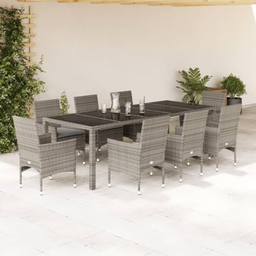 QJBSAVVA 9-teiliges Gartenmöbel Set 250x100 cm mit Poly Rattan und Glas Tischplatte dunkelgrau Klappstühle für Balkon Terrasse und Camping Outdoor Essgruppe mit waschbaren Kissen