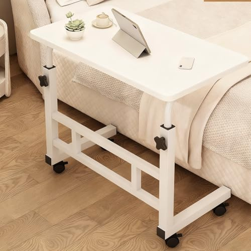 Laptoptisch C-Form, Pflegetisch Krankentisch, Höhenverstellbarer Betttisch auf Rollen, Mobiler Computertisch/Beistelltisch, für Sofa, Bett oder Büro(White)