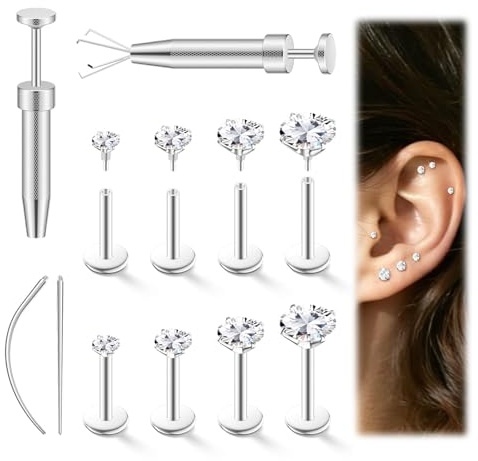 Nymora Set de Piercing 16G, 8 Pièces : Piercings Hélix, Piercing Nez, Piercing Oreille (6mm & 8mm) en Acier Chirurgical, Avec Aiguille d’Insertion pour Femmes & Hommes