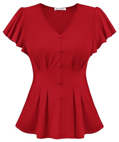 GRACE KARIN Blusas de verano elegantes con cuello en V y mangas con volantes, parte superior informal, plisada en caja, blusa festiva con decoración de botones para uso diario y fiestas, rojo, S