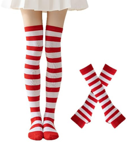 OIXYEY Calcetines altos a rayas para mujer Calcetines a rayas rojas y blancas Calcetines con mangas a rayas Calcetines a rayas Carnaval Cosplay Años 80