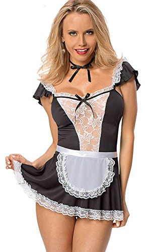 Sheshy Women Sexy Underkläder Maid Cosplay Kostym Fransk Naughty Cute Lace Dress Underkläder Babydoll Sleepwear (svart, XL)