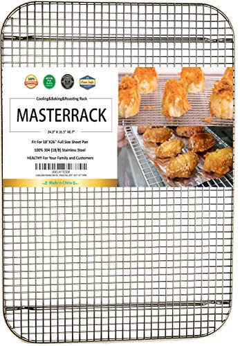MASTERRACK 100% 304 Stainless Steel Cooling Rack and Wire Grate for Full Size Sheet Bun Pan,Real Heavy Duty 3.20LB, Roasting,Drying,Commercial Quality, Healthy Material