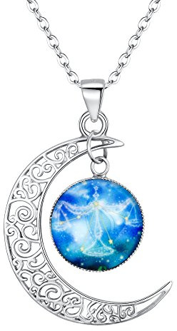 Clearine Sternbild Waage Halskette Damen 925 Sterling Silber Horoskop 12 Konstellation Galaxis Halbmond Mond Münze Blau Anhänger Hals Schmuck