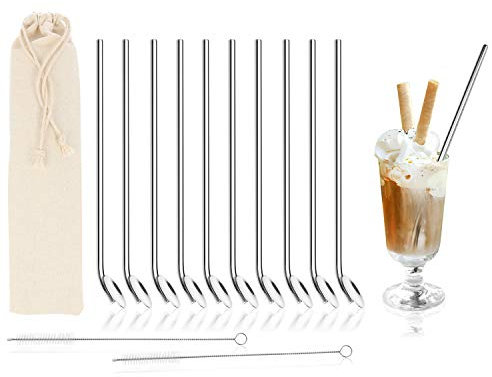 com-four® 10x Trinkhalmlöffel mit Reinigungsbürste - Strohhalmlöffel aus Edelstahl - Trinkhalm mit Rührlöffel - Wiederverwendbar (Edelstahl Barlöffel - 10 Stück)