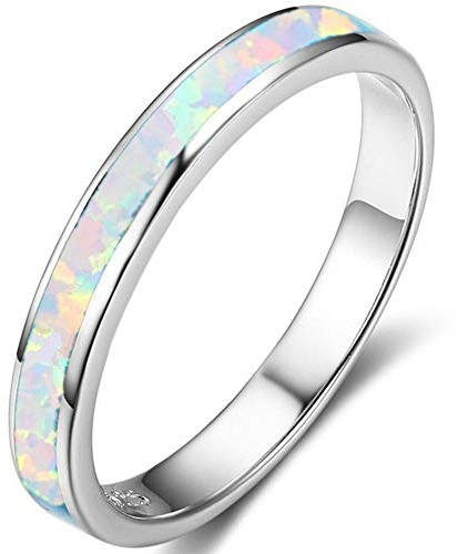 Stainless Steel Fire Opal Inaly Half Eternity Wedding Band Ring (Silver White, Z+1)