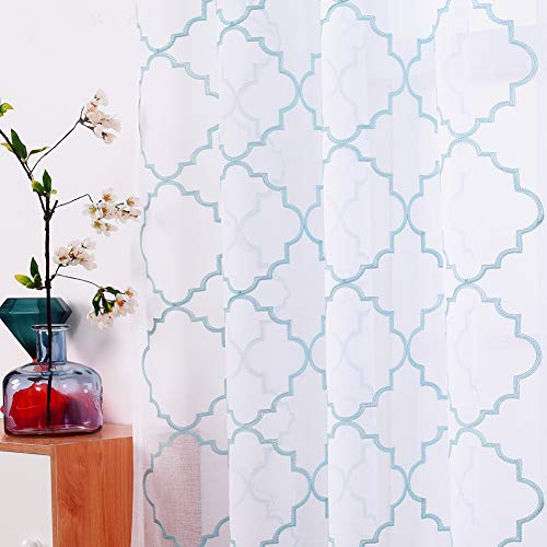 Embroidery Sheer Curtains Blue 63 Inch, Rod Pocket Voile Drapes for Living room, Bedroom, Window Treatments Moroccan Embroidery Semi Crinkle Curtain Panels for Yard, Patio, Villa, Set of 2, 52x 63.