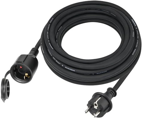 Verlängerungskabel Outdoor 15m für den Außenbereich, Gummi Verlängerung Stromkabel außen mit Schuko Stecker, IP44 Verlängerungsleitung H07RN-F 3G1,5 mm² Kabel mit Schutzkappe, 3500W, 16A 250V, Schwarz