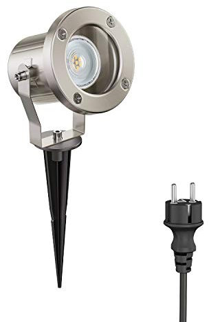 ledscom.de Gartenstrahler mit Erdspieß MIBU für außen, Edelstahl, chrom matt, inkl. LED GU10 Lampe (warmweiß, 5,4W, 510lm, 45°)