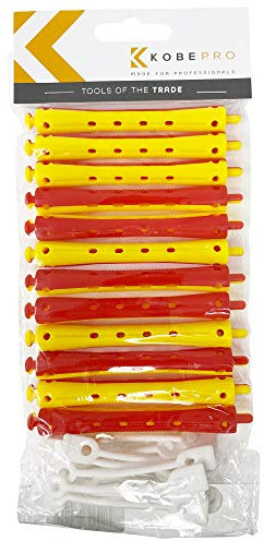 Kobe Professional Hairdressing Perm Rods with Rubbers - Non-Slip, Curling Tools for Wet/Dry Hair, Durable & Reusable - Ideal for Salons & Home Use - Red/Yellow 9 mm