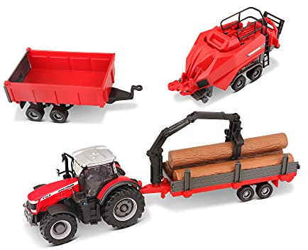 Bburago Die-Cast MASSEY FERGUSON 8740S bondgårdsTRAKTOR MED 3 TRAILERS – detaljerad kopia samlarmodellleksak, röd