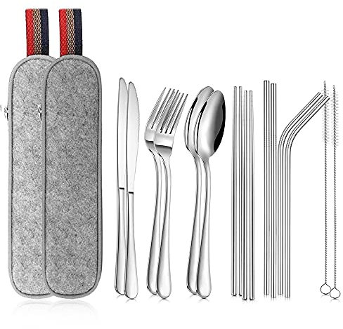 2 Pack Travel Cutlery Set, 8pcs Stainless Steel Portable Reusable Flatware Set Utensils Dinnerware with Fork, Knife, Spoon, Straws, Chopsticks, Cleaning Brush, Carrying Case