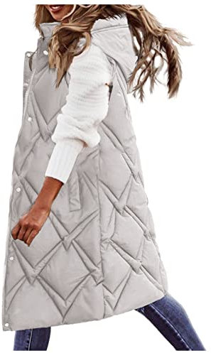 HHMY Chaleco largo acolchado para mujer – Chaleco de invierno cálido con cremallera monocolor, sin mangas, con bolsillos, capucha, abrigo largo de invierno, chaqueta acolchada, beige, XXXXL