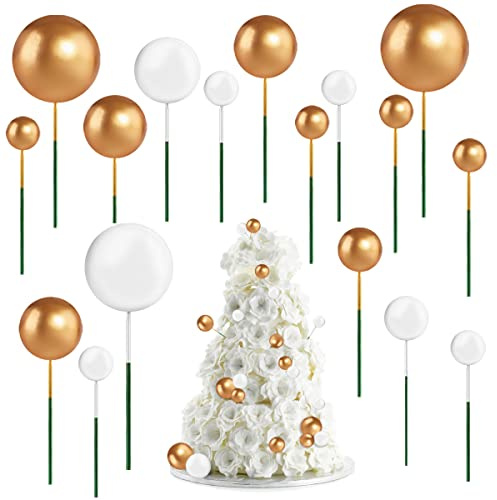 66pcs Balls Cake Topper Foam Ball Cake Picks Mini Balloons Cupcake Toppers | Pearl Ball Cake Pick DIY Birthday Cake Insert Topper for Wedding Birthday Cake Decoration(Gold, White)