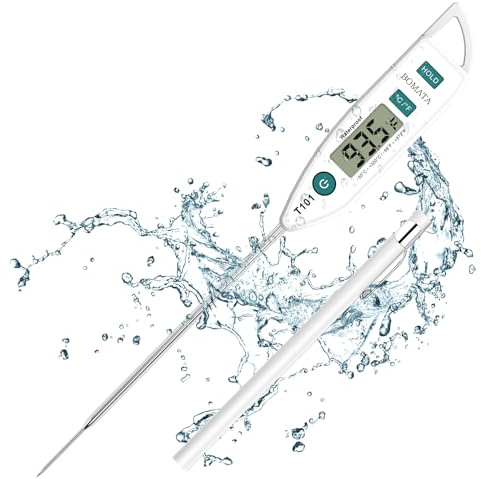 BOMATA Waterproof IPX7 Thermometer for Water, Liquid, Candle and Cooking. Instant Read Food Thermometer with Long Probe for Cooking, Meat, BBQ! T101 White