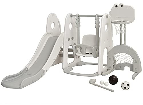 GOPLUS 6 in 1 Kinderrutsche mit Schaukel, Spielzeugrutsche mit Kletterleiter, höhenverstellbarem Basketballkorb, Fußballtor & Golf, Indoor & Outdoor Spielplatz für Kinder von 3-8 Jahren (Grau)