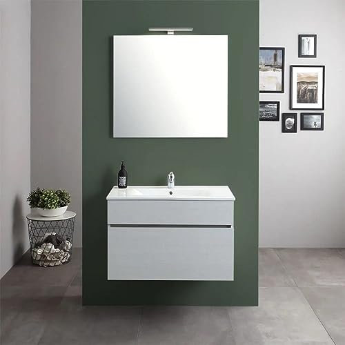 Kiamami Valentina Mobile bagno sospeso 80cm con cassetto, lavabo in ceramica e specchio 80x60 Silvia