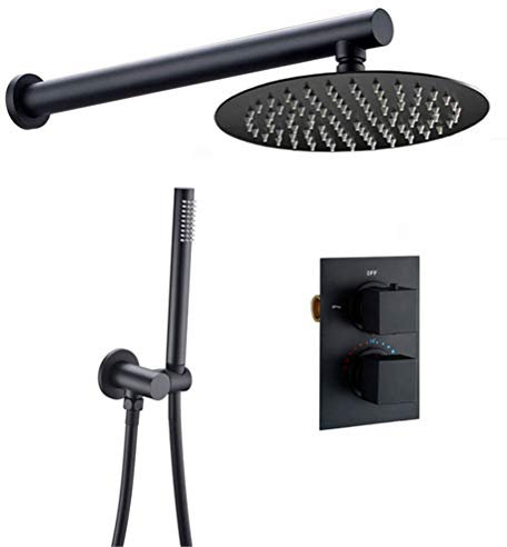 Messing Badezimmer Dusche Set Matt Schwarz Regen Dusche Wasserhahn Wandmontage Montiert Thermostatventil Duschsystem 8-12 Zoll Duschkopf, 12 Zoll Vierkantventil