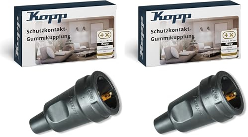 Kopp Schutzkontakt-Gummikupplung mit Knickschutztülle, IP20 Schutzklasse, 250 V (16A), Schutzkontakt Kupplung aus Vollgummi, bruchfest und formbeständig, schwarz, 180916009 (Packung mit 2)