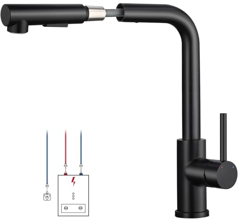 Lovhaus Robinet de cuisine basse pression noir, robinet de cuisine extensible, 3 ports, rotatif à 360°, robinet de cuisine basse pression avec douchette, deux types de jet d'eau, robinet d'évier basse