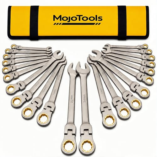 MoJoTools 23-Piece Flex-Head Ratcheting Combination Wrench Set-Includes 14PCS Metric 8-24mm Ratchet Combination Wrenches Set,9PCS Allen Wrenches-72-Teeth,Cr-V Constructed,Nickel Plated,Organizer Bag