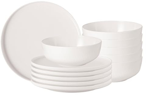 Villeroy & Boch - Afina Tafelservice 12-teilig aus Premium Porzellan, Speiseteller und Suppenschüsseln für Hauptgerichte, Made in Germany, spülmaschinenfest und mikrowellensicher, stapelbar, weiß