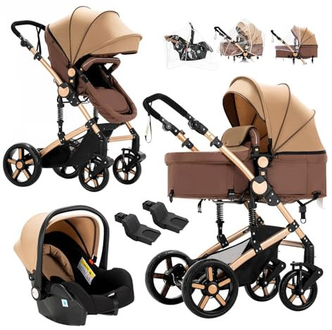 Reenborn Kinderwagen 3 in 1, Buggy mit Zwei Umkehrbaren Schiebemodi, Kinderwagen mit Rahmen Aluminiumlegierung, Kombikinderwagen 3 in 1 Komplettset mit Ein-Klick-Faltdesign (588 Khaki)