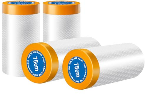 HXJDAM Abdeckfolie mit Klebeband, 75CMx20M Abdeckfolie maler(4 Stück), Malerfolie Abdeckfolie, Selbstklebende Malerfolie mit klebeband-zum Lackieren von Autowänden-UV-Schutz(Goldband)