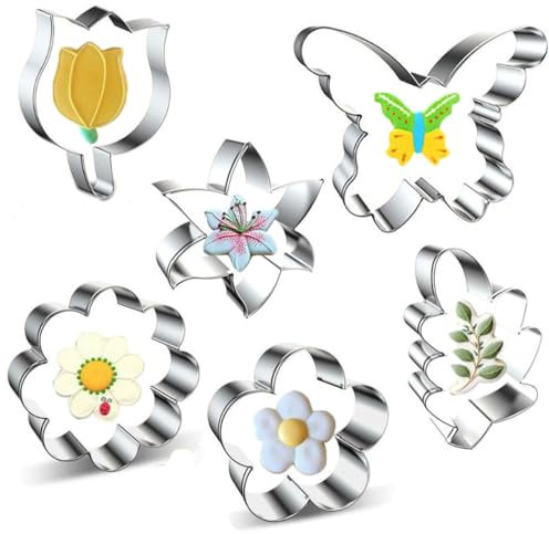 wotoy 6 Stück Tulpen, Rose, Lilie, Pflaumenblüte, Blatt, Schmetterling, Ausstechformen-Set