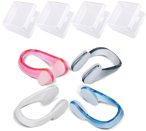 JEYORZY Pince Nez Natation, 4 Pièces Réutilisable Pinces à Nez, Pince-Nez en Protecteur de Nez Imperméable Réutilisable avec Boîte de Rangement pour Natation Adultes Enfants Unisexe (4 Couleurs)