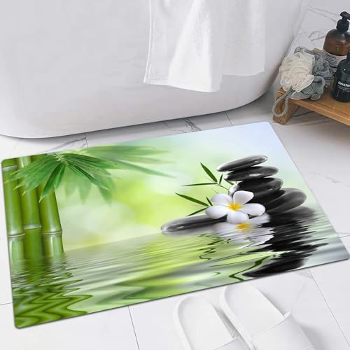 EMFSLA rutschfest Badezimmer Badeteppiche,Weich Hochflor Saugfähig Badvorleger Waschbar Flauschige Mikrofaser Badematte,Spa-Dekor, Garten mit Frangipani-Bambus, japanische Entspannung, Ruher,60x90 cm