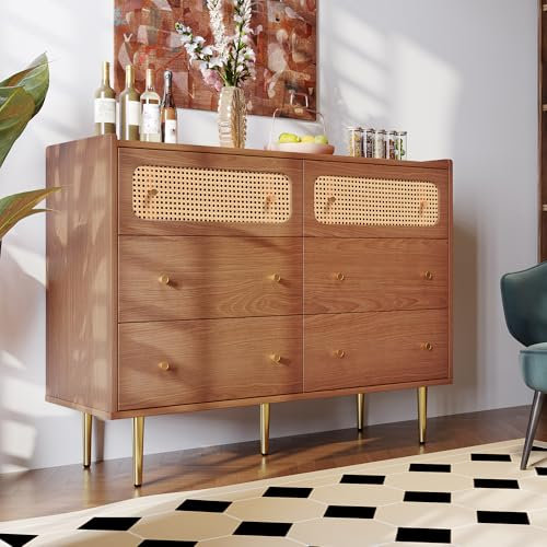 BXEYXE Schubladenkommode Kommode mit 6 Schubladen, Rattan Sideboard Highboard für Schlafzimmer & alle Wohnräume, Nussbaum -H90/B120/T40 cm