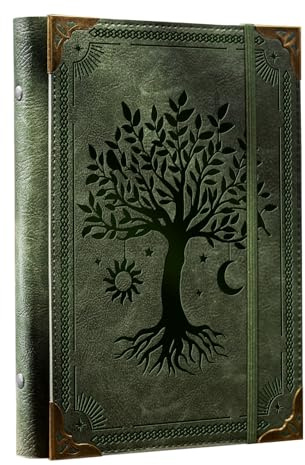 Ovesmusl A5-Ordner aus PU-Leder, 6 Ringe, nachfüllbar, kein Nachfüllpapier, A5-Planer, Ordner für Notizbuch, 14,5 x 21,1 cm, mit elastischem Verschluss, grüner Baum