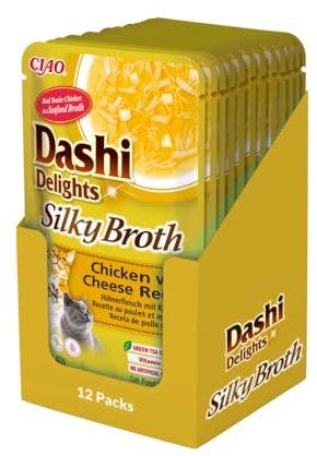 INABA Dashi Delights Silky Broth, Nassfutter für Katzen mit Huhn und Käse, in feiner Fischbrühe, Proteinreich, Natürliche Zutaten, 40 g (12er Pack)