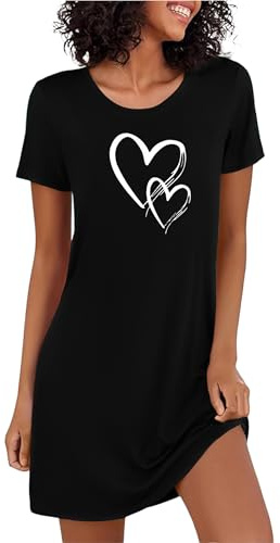 Marvmys nattlinne dam kortärmad sovskjorta bomull tryckt sovskjorta sommar t-shirt sovskjorta kvinnor nattkläder sovklänning, Mörk svart, 4XL