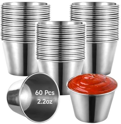 YOFAPA 60 Pcs Sauce Cup Bulk, 2.2oz Stainless Steel Dipping Sauce Cups, Small Metal Condiment Cups, Reusable Round Dipping Bowls for Kitchen, Restaurant (65ml)