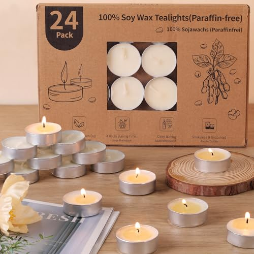 LETINE Soywax Tea Lights Candles Bulk 24 Pack, 4 Hour White Tea Lights Long Burning, Unscented Tealights for Wedding, Party Centerpieces Halloween Christmas