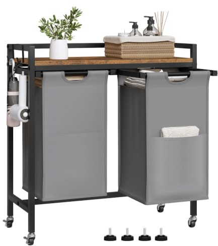 EUGAD Wäschekorb, Wäschesammler ausziehbar abnehmbar, Oxford-Stoff-Wäschesack, 2 x40 L Fächer, Wäschewagen mit Rollen Ablage, Haken, Metallrahmen, Schlafzimmer Waschküche, 70x71x30 cm, Schwarz