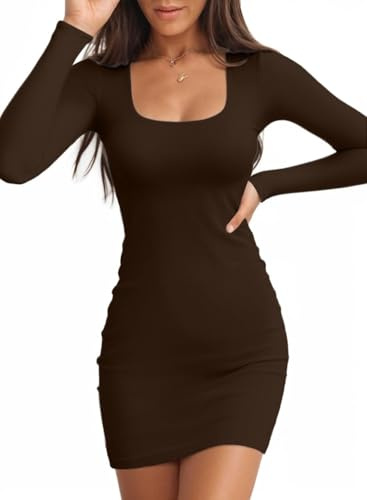 TrendiMax Damen Bodycon Minikleid Gerippt Langarm Freizeitkleid U-Ausschnitt Stretch Party Club Kleid Enges Basic Kleider Einfarbig (S, Dunkelkaffee)
