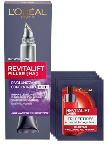 L'Oréal Paris Revitalift Filler [HA] Revitalift Filler [HA] Augencreme Konzentrat mit Hyaluronsäure 15 ml + Revitalift Laser Serum Tri-Peptide Anti-Aging Bundle Routine - 6er-Set