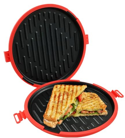 Mikrowellen Grillpfanne, Mikrowellengrillpfanne mit Silikon Verbrichthülle Effiziente Gleichmäßige Erwärmen Nicht Stick Beschichtung für Sandwichwurst Backen AntihaftPfanne mit Deckel