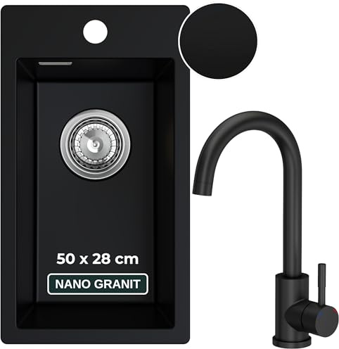 SINK QUALITY Küchenspüle mit Armatur schwarz 28x50 cm - Spülbecken mit Wasserhahn, Siphon und Imprägniermittel - Granitspüle klein für Unterschränke ab 40 cm - Einbauspüle aus Granit